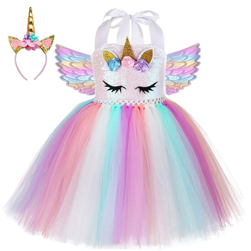 Kids Unicorn Costume Girls Birthday Party LED Lights Sequin Rainbow Tutu Dress World Book Day Shiny Princess Cosplay Costume