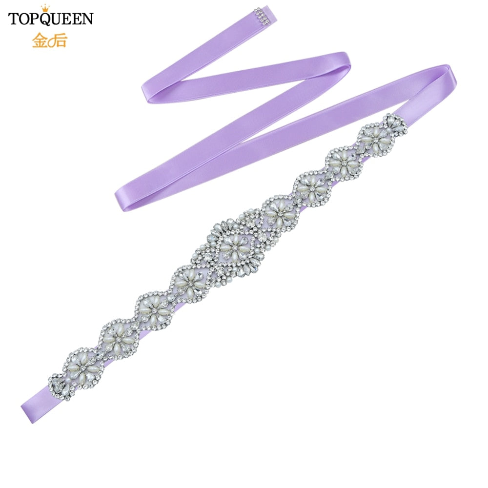 TOPQUEEN S161 Bridal Belts Bling Wedding Women Jewelry Silver Rhinestone Pearl Crystal Sparkly Party Formal Dress Diamond Sash