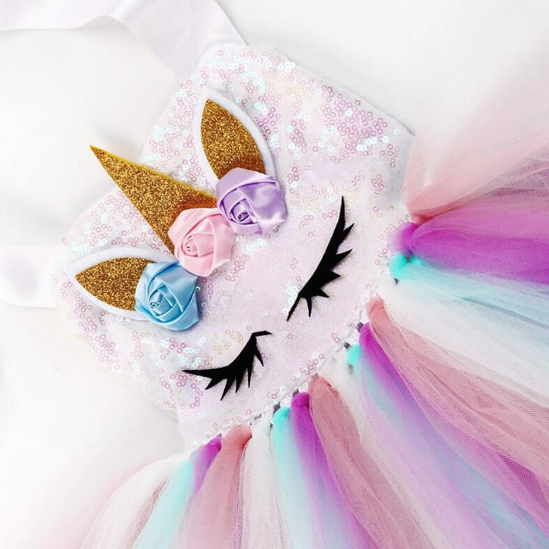 Kids Unicorn Costume Girls Birthday Party LED Lights Sequin Rainbow Tutu Dress World Book Day Shiny Princess Cosplay Costume