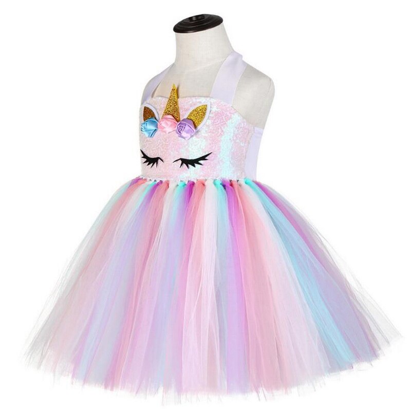 Kids Unicorn Costume Girls Birthday Party LED Lights Sequin Rainbow Tutu Dress World Book Day Shiny Princess Cosplay Costume