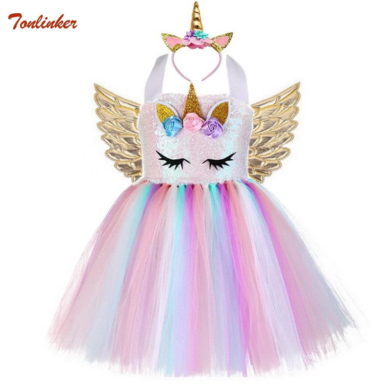 Kids Unicorn Costume Girls Birthday Party LED Lights Sequin Rainbow Tutu Dress World Book Day Shiny Princess Cosplay Costume