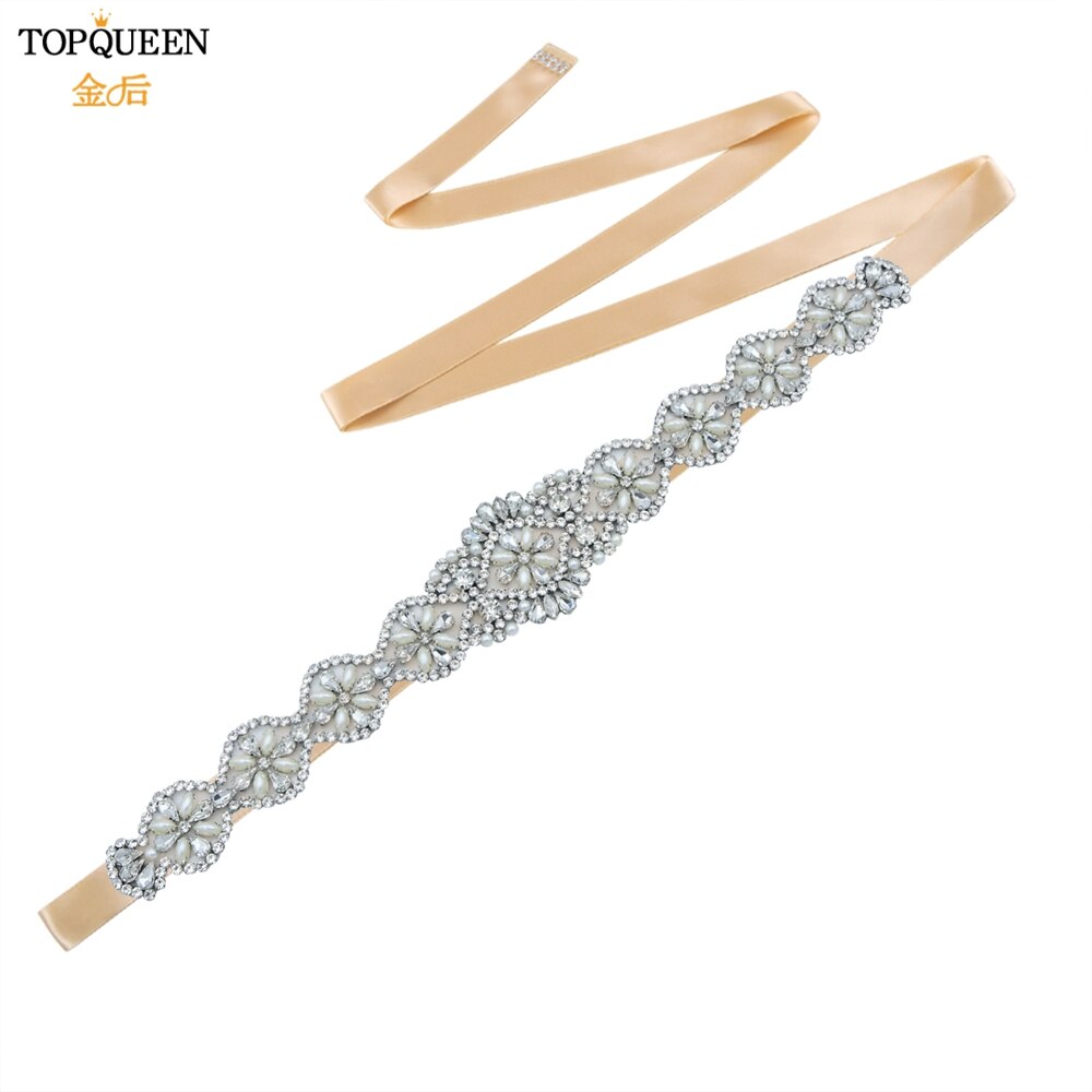 TOPQUEEN S161 Bridal Belts Bling Wedding Women Jewelry Silver Rhinestone Pearl Crystal Sparkly Party Formal Dress Diamond Sash