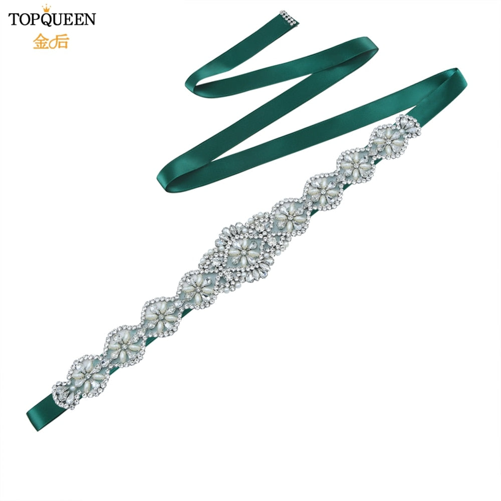 TOPQUEEN S161 Bridal Belts Bling Wedding Women Jewelry Silver Rhinestone Pearl Crystal Sparkly Party Formal Dress Diamond Sash