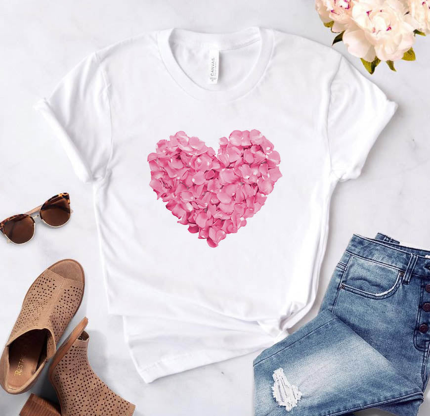 Heart Flower Print Womens T-Shirt Ladies Casual Basis O-Collar White Shirt Short Sleeve Ladies T-Shirt Love Graphic Printing