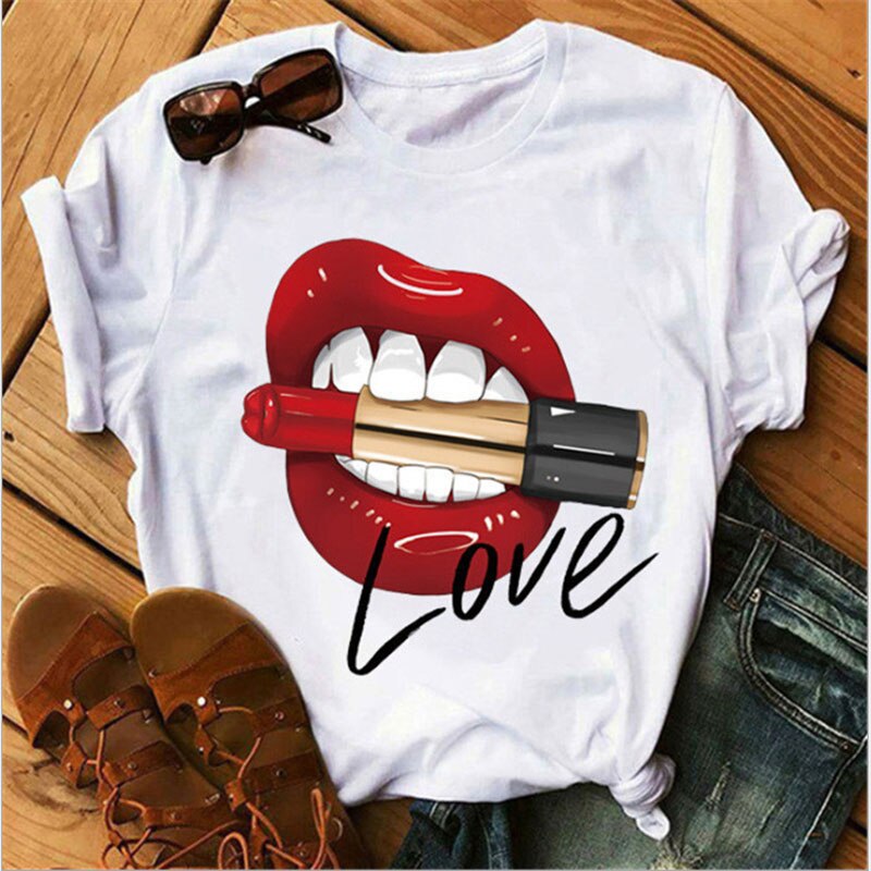 Women's shirt printed sexy T-shirt red lips round neck short-sleeved T-shirt women's T-shirt Rebel white T-shirt bullet in mouth, red lips, blood lips, sexy lips.