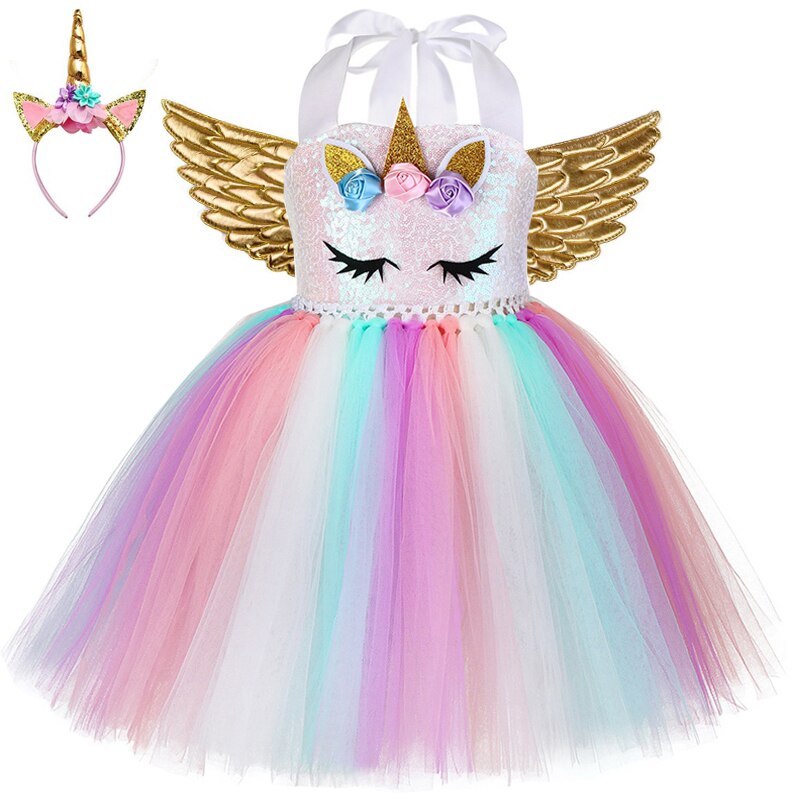 Kids Unicorn Costume Girls Birthday Party LED Lights Sequin Rainbow Tutu Dress World Book Day Shiny Princess Cosplay Costume