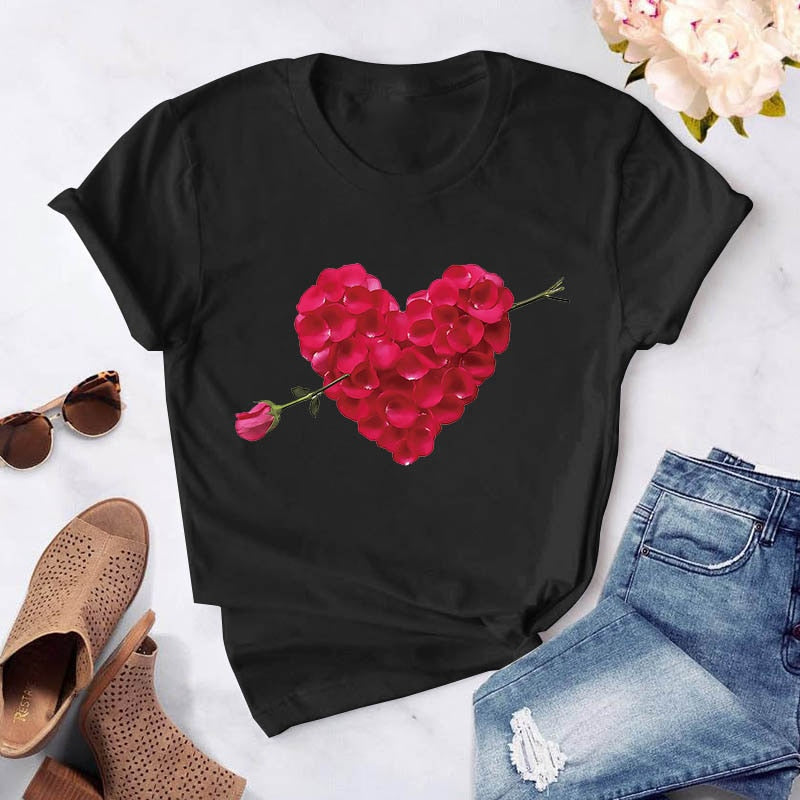 Heart Flower Print Womens T-Shirt Ladies Casual Basis O-Collar White Shirt Short Sleeve Ladies T-Shirt Love Graphic Printing