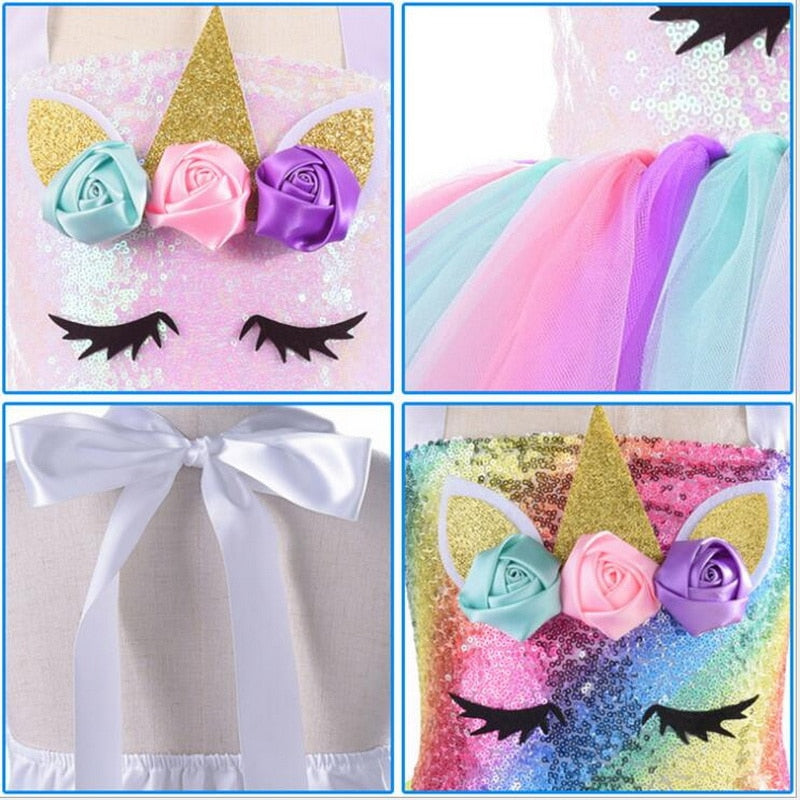 Kids Unicorn Costume Girls Birthday Party LED Lights Sequin Rainbow Tutu Dress World Book Day Shiny Princess Cosplay Costume