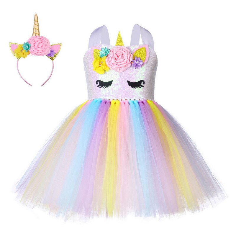 Kids Unicorn Costume Girls Birthday Party LED Lights Sequin Rainbow Tutu Dress World Book Day Shiny Princess Cosplay Costume