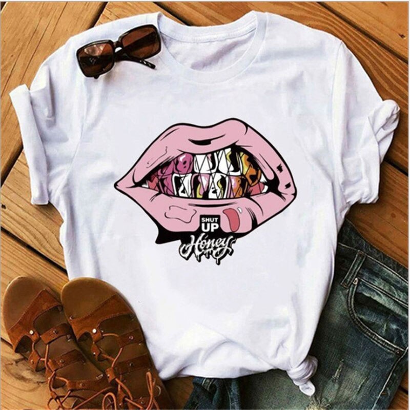 Women's shirt printed sexy T-shirt red lips round neck short-sleeved T-shirt women's T-shirt Rebel white T-shirt bullet in mouth, red lips, blood lips, sexy lips.