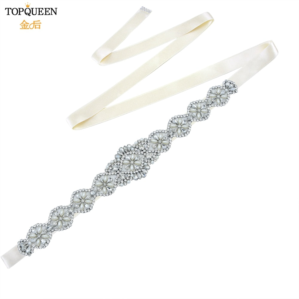 TOPQUEEN S161 Bridal Belts Bling Wedding Women Jewelry Silver Rhinestone Pearl Crystal Sparkly Party Formal Dress Diamond Sash