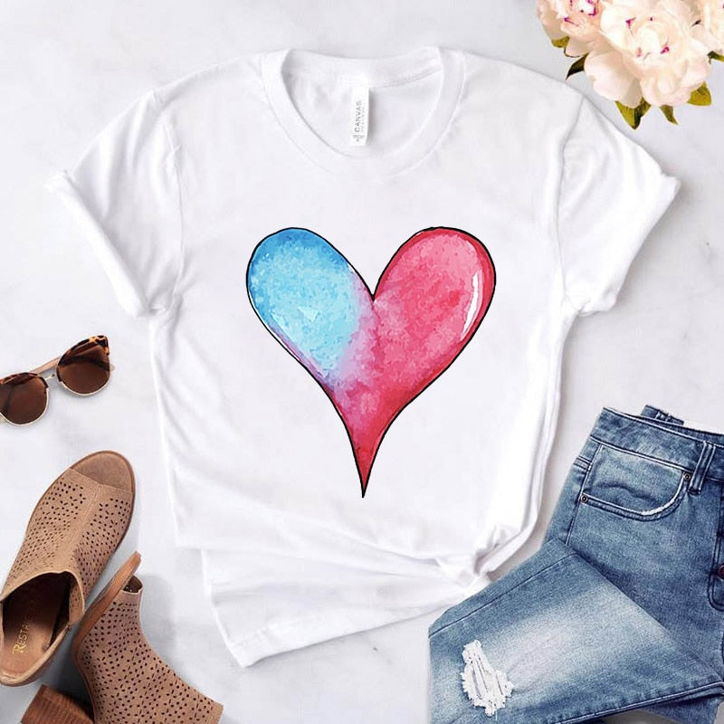 Heart Flower Print Womens T-Shirt Ladies Casual Basis O-Collar White Shirt Short Sleeve Ladies T-Shirt Love Graphic Printing