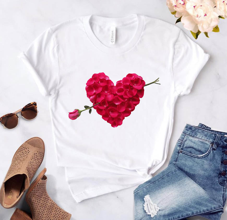 Heart Flower Print Womens T-Shirt Ladies Casual Basis O-Collar White Shirt Short Sleeve Ladies T-Shirt Love Graphic Printing