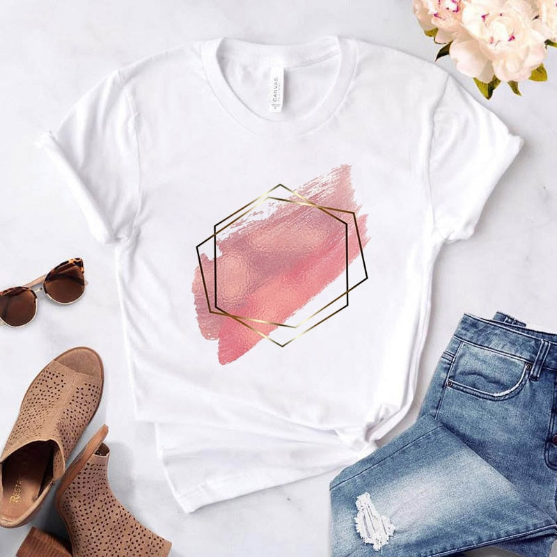 Heart Flower Print Womens T-Shirt Ladies Casual Basis O-Collar White Shirt Short Sleeve Ladies T-Shirt Love Graphic Printing