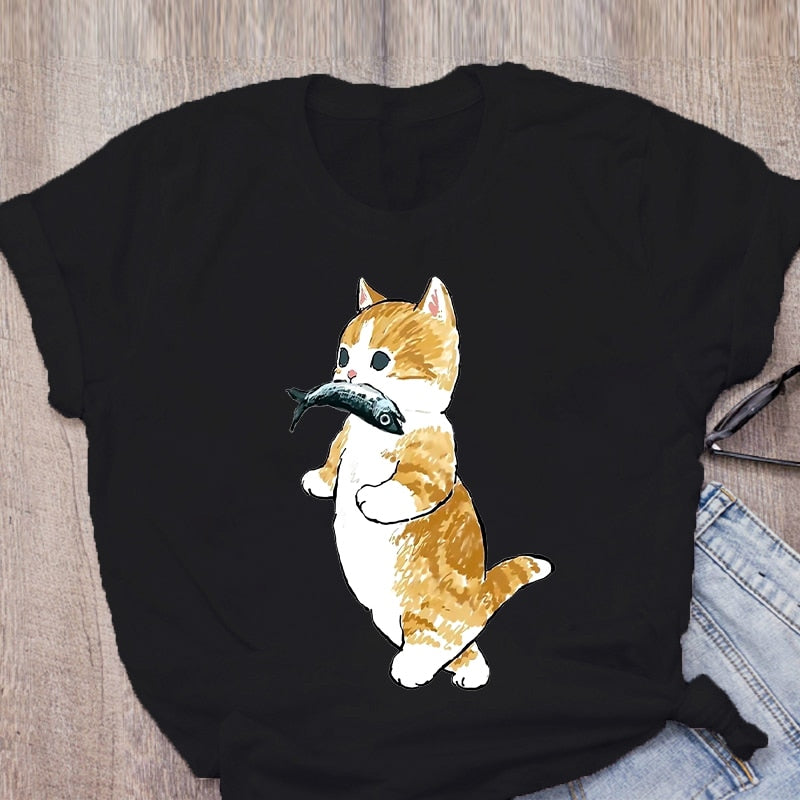 Women T-shirt Cute Cat Funny Cartoon T-shirt Harajuku Graphic Ulzzang T-shirt 90s Print T-shirt Fashion Aesthetic Top Tee Female