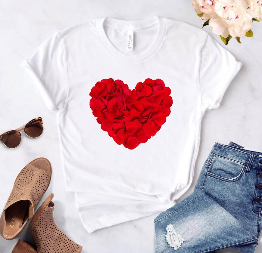 Heart Flower Print Womens T-Shirt Ladies Casual Basis O-Collar White Shirt Short Sleeve Ladies T-Shirt Love Graphic Printing