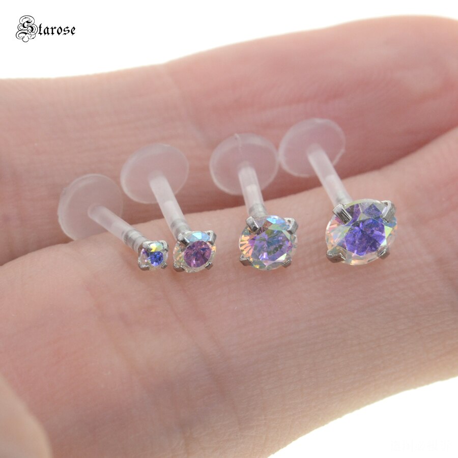 2Pcs 1.2x6/8mm Acrylic Nose Piercing Labret Stud Nose Rings Zircon Lip Piercing Jewel Ear Piercing Helix Tragus Earrings