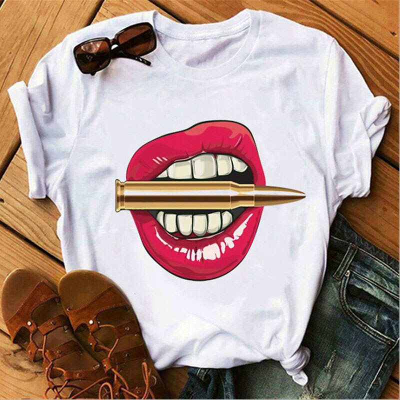 Women's shirt printed sexy T-shirt red lips round neck short-sleeved T-shirt women's T-shirt Rebel white T-shirt bullet in mouth, red lips, blood lips, sexy lips.