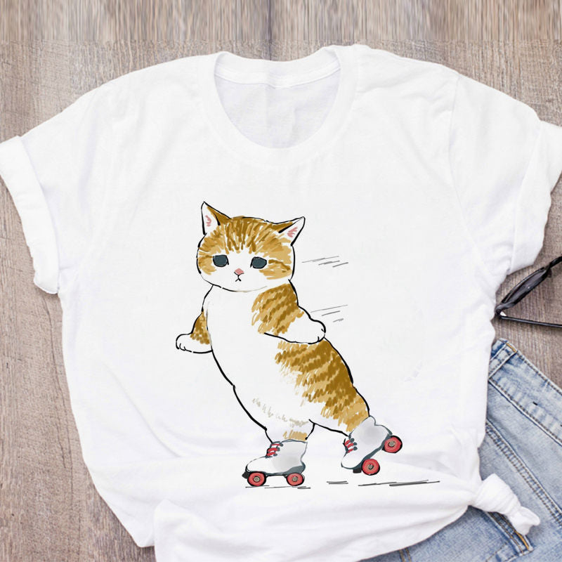 Women T-shirt Cute Cat Funny Cartoon T-shirt Harajuku Graphic Ulzzang T-shirt 90s Print T-shirt Fashion Aesthetic Top Tee Female