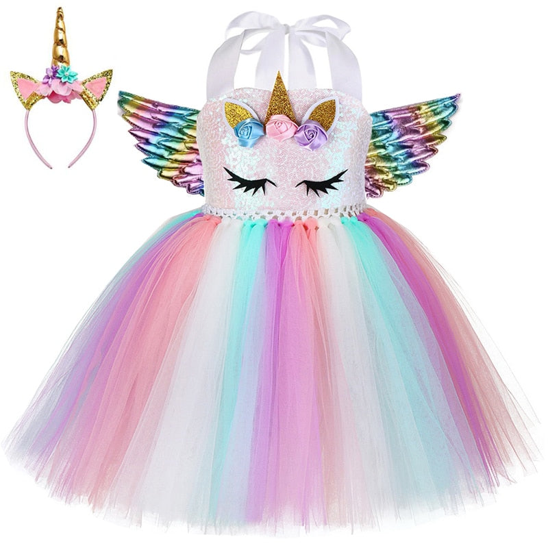 Kids Unicorn Costume Girls Birthday Party LED Lights Sequin Rainbow Tutu Dress World Book Day Shiny Princess Cosplay Costume