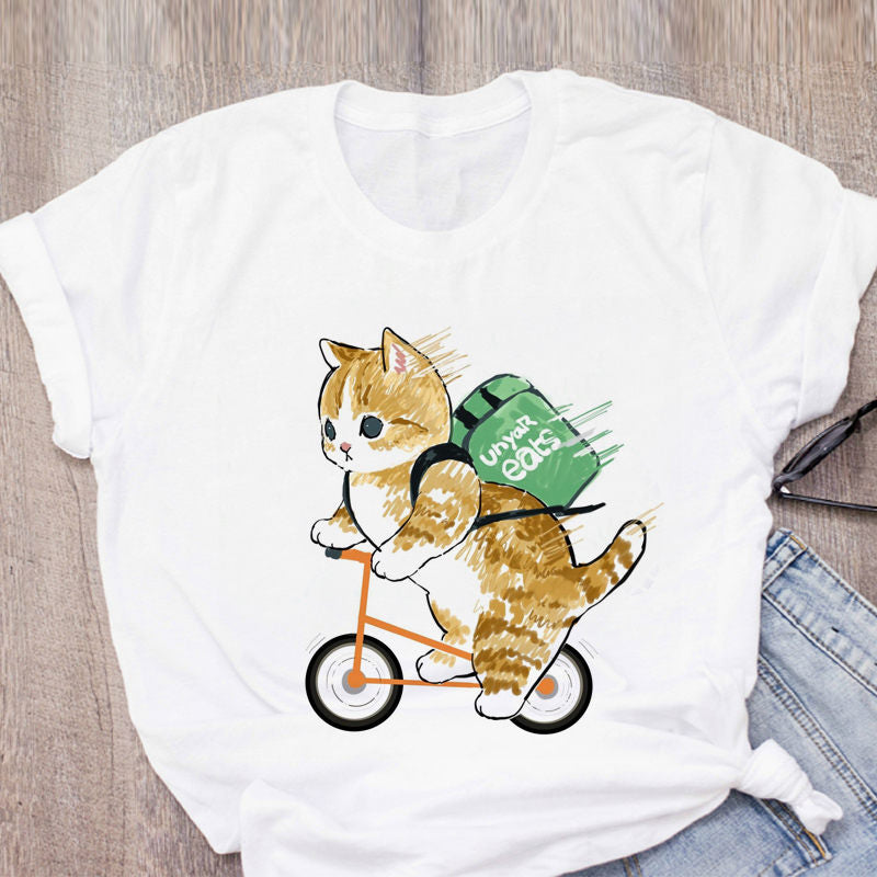 Women T-shirt Cute Cat Funny Cartoon T-shirt Harajuku Graphic Ulzzang T-shirt 90s Print T-shirt Fashion Aesthetic Top Tee Female