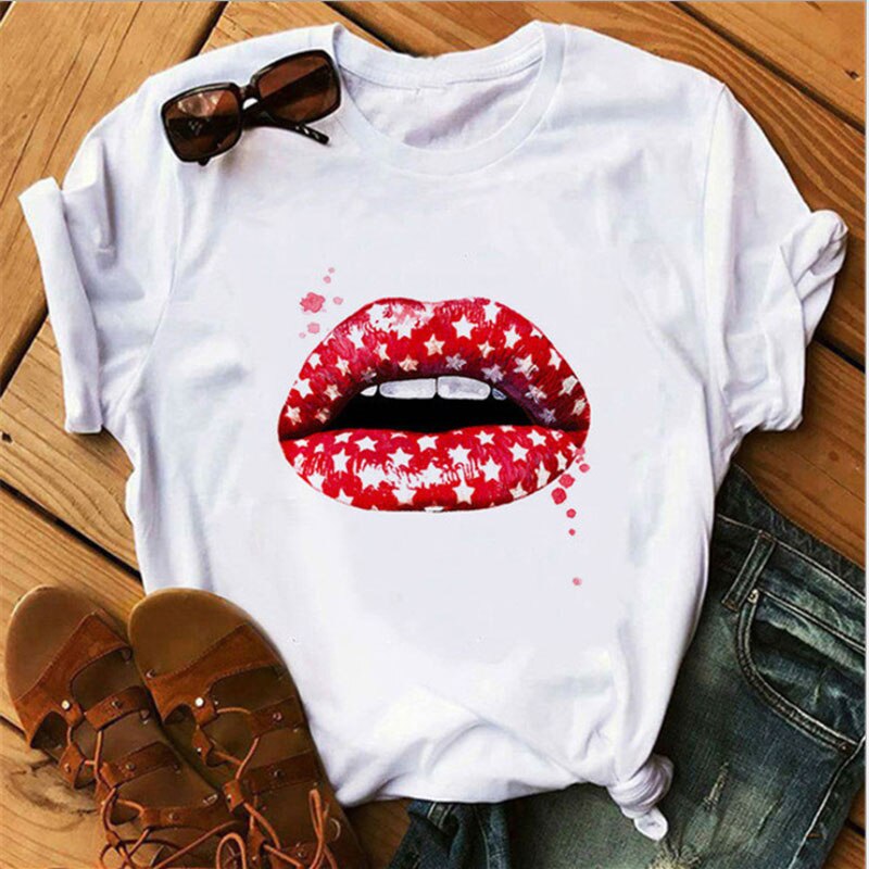 Women's shirt printed sexy T-shirt red lips round neck short-sleeved T-shirt women's T-shirt Rebel white T-shirt bullet in mouth, red lips, blood lips, sexy lips.