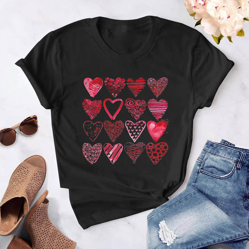 Heart Flower Print Womens T-Shirt Ladies Casual Basis O-Collar White Shirt Short Sleeve Ladies T-Shirt Love Graphic Printing