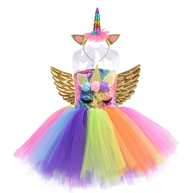 Kids Unicorn Costume Girls Birthday Party LED Lights Sequin Rainbow Tutu Dress World Book Day Shiny Princess Cosplay Costume