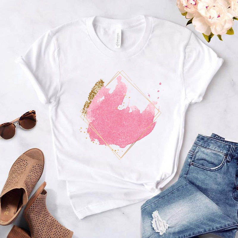 Heart Flower Print Womens T-Shirt Ladies Casual Basis O-Collar White Shirt Short Sleeve Ladies T-Shirt Love Graphic Printing