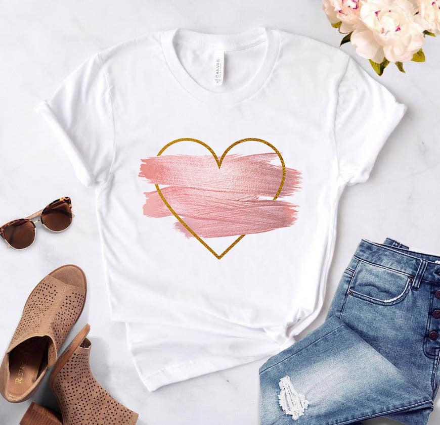 Heart Flower Print Womens T-Shirt Ladies Casual Basis O-Collar White Shirt Short Sleeve Ladies T-Shirt Love Graphic Printing