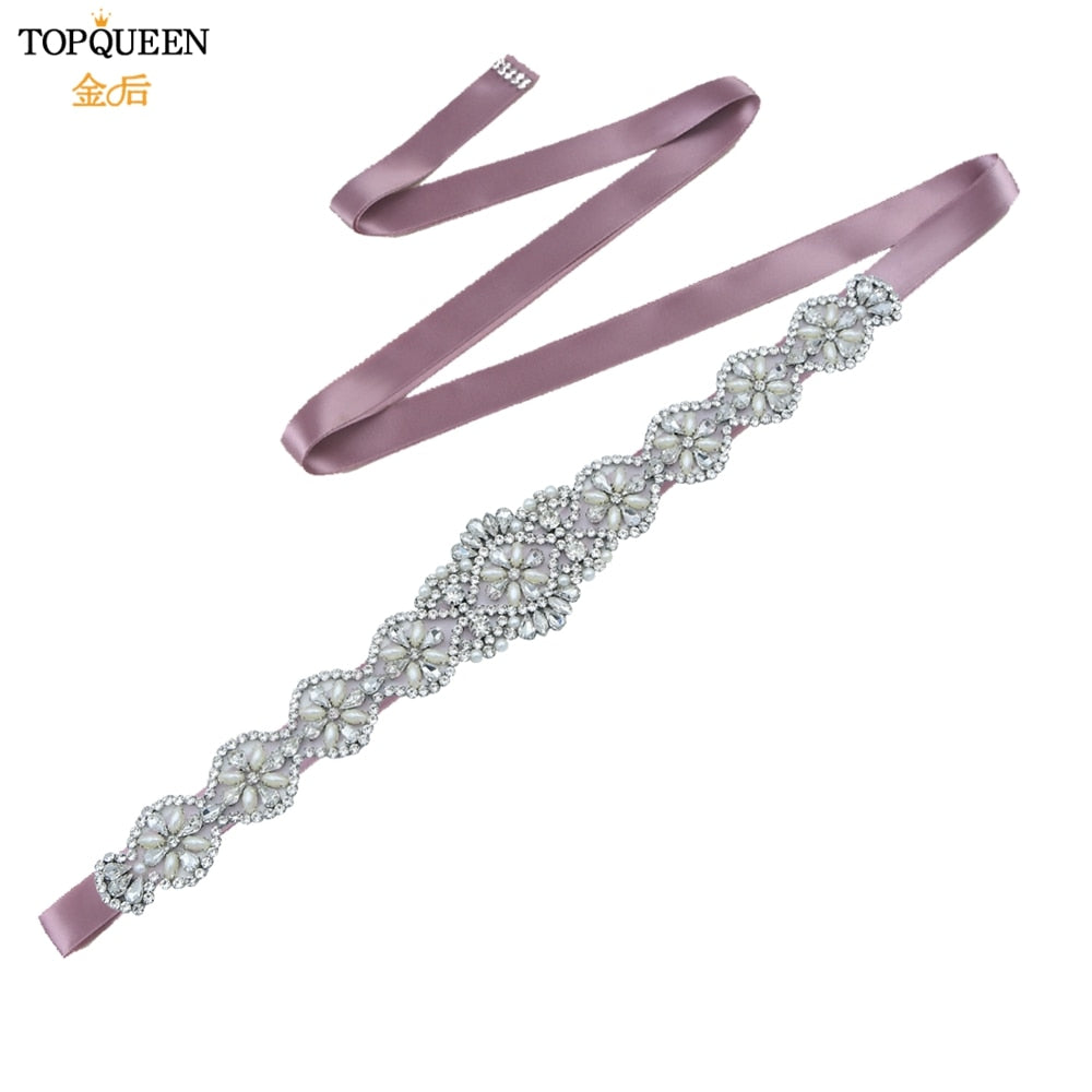 TOPQUEEN S161 Bridal Belts Bling Wedding Women Jewelry Silver Rhinestone Pearl Crystal Sparkly Party Formal Dress Diamond Sash