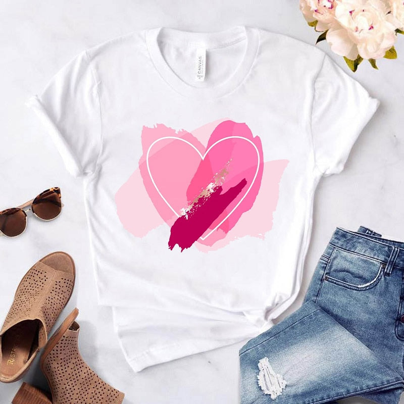 Heart Flower Print Womens T-Shirt Ladies Casual Basis O-Collar White Shirt Short Sleeve Ladies T-Shirt Love Graphic Printing