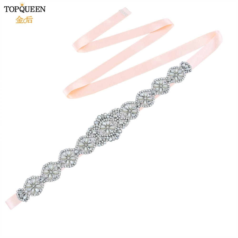 TOPQUEEN S161 Bridal Belts Bling Wedding Women Jewelry Silver Rhinestone Pearl Crystal Sparkly Party Formal Dress Diamond Sash