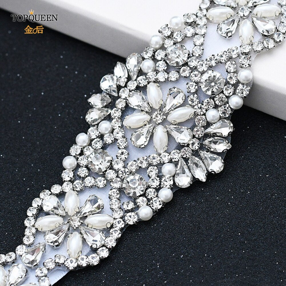 TOPQUEEN S161 Bridal Belts Bling Wedding Women Jewelry Silver Rhinestone Pearl Crystal Sparkly Party Formal Dress Diamond Sash