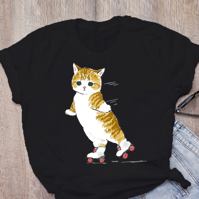 Women T-shirt Cute Cat Funny Cartoon T-shirt Harajuku Graphic Ulzzang T-shirt 90s Print T-shirt Fashion Aesthetic Top Tee Female