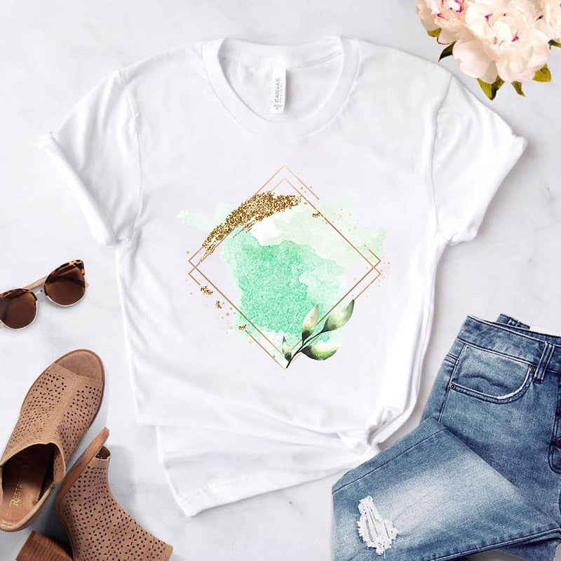 Heart Flower Print Womens T-Shirt Ladies Casual Basis O-Collar White Shirt Short Sleeve Ladies T-Shirt Love Graphic Printing