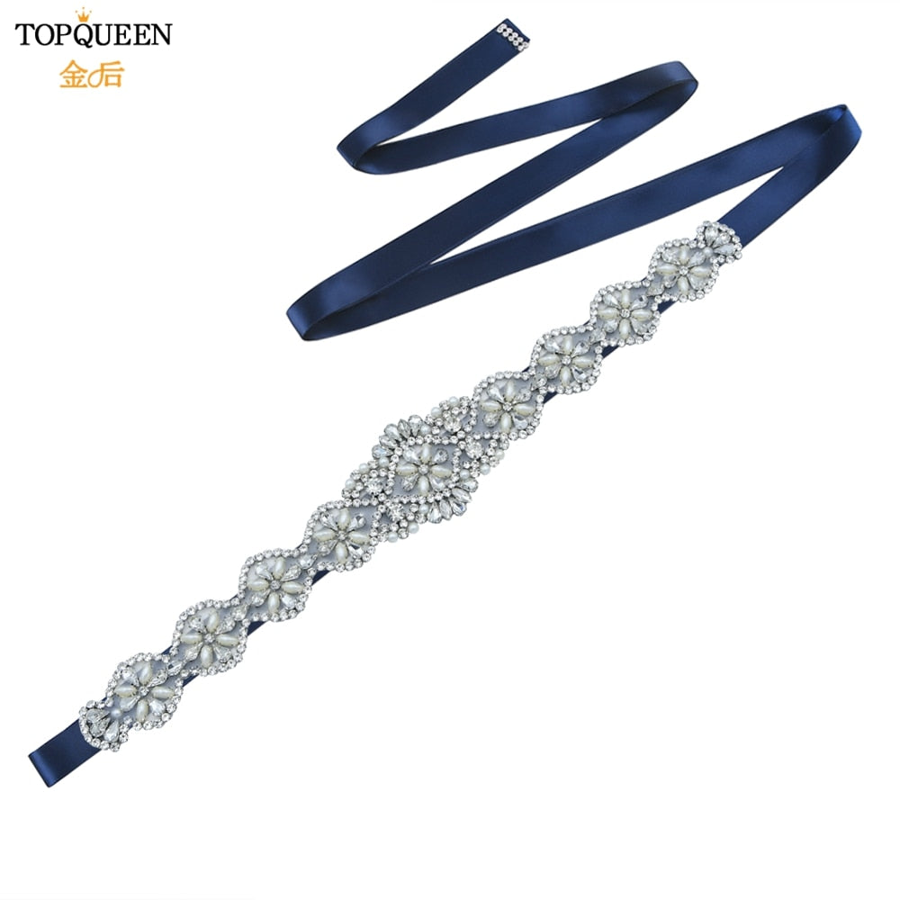 TOPQUEEN S161 Bridal Belts Bling Wedding Women Jewelry Silver Rhinestone Pearl Crystal Sparkly Party Formal Dress Diamond Sash