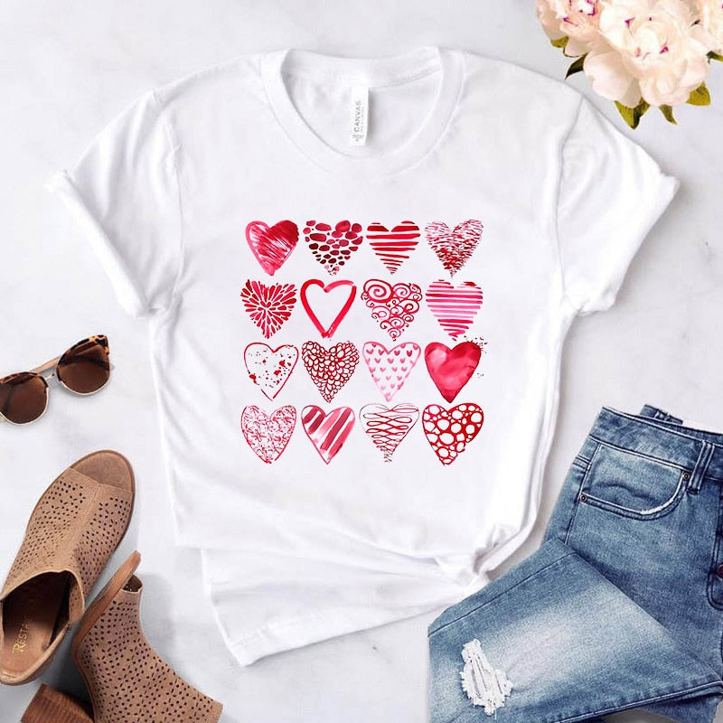 Heart Flower Print Womens T-Shirt Ladies Casual Basis O-Collar White Shirt Short Sleeve Ladies T-Shirt Love Graphic Printing