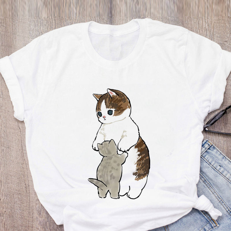 Women T-shirt Cute Cat Funny Cartoon T-shirt Harajuku Graphic Ulzzang T-shirt 90s Print T-shirt Fashion Aesthetic Top Tee Female