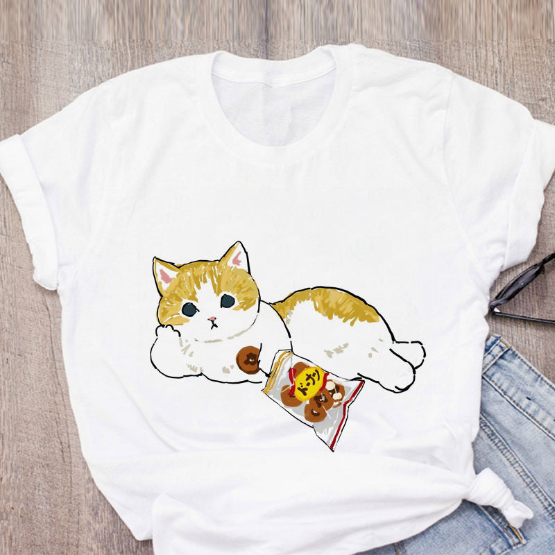 Women T-shirt Cute Cat Funny Cartoon T-shirt Harajuku Graphic Ulzzang T-shirt 90s Print T-shirt Fashion Aesthetic Top Tee Female