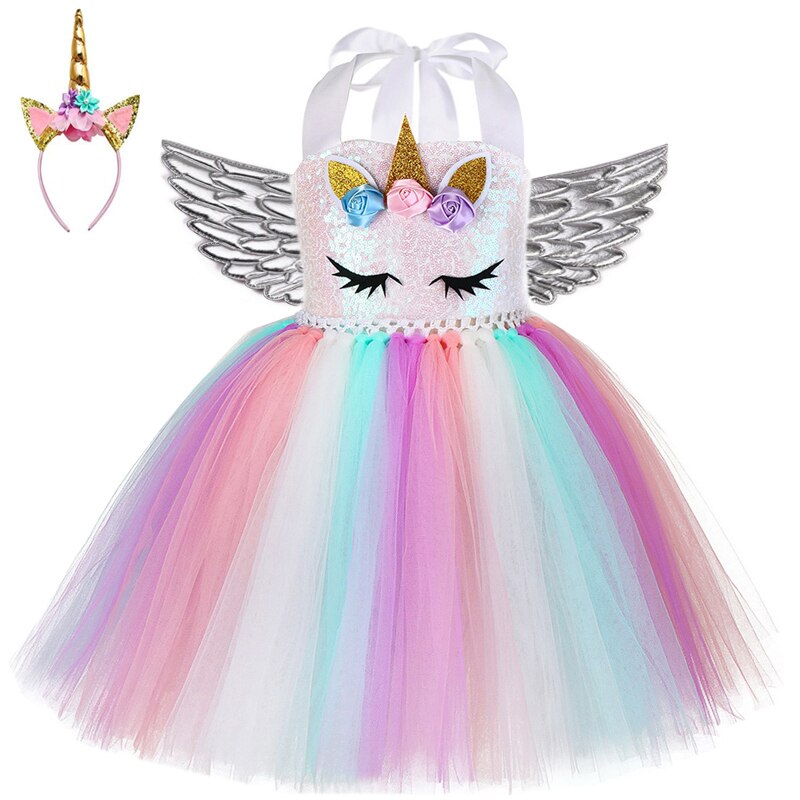 Kids Unicorn Costume Girls Birthday Party LED Lights Sequin Rainbow Tutu Dress World Book Day Shiny Princess Cosplay Costume