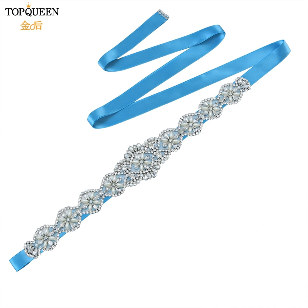 TOPQUEEN S161 Bridal Belts Bling Wedding Women Jewelry Silver Rhinestone Pearl Crystal Sparkly Party Formal Dress Diamond Sash