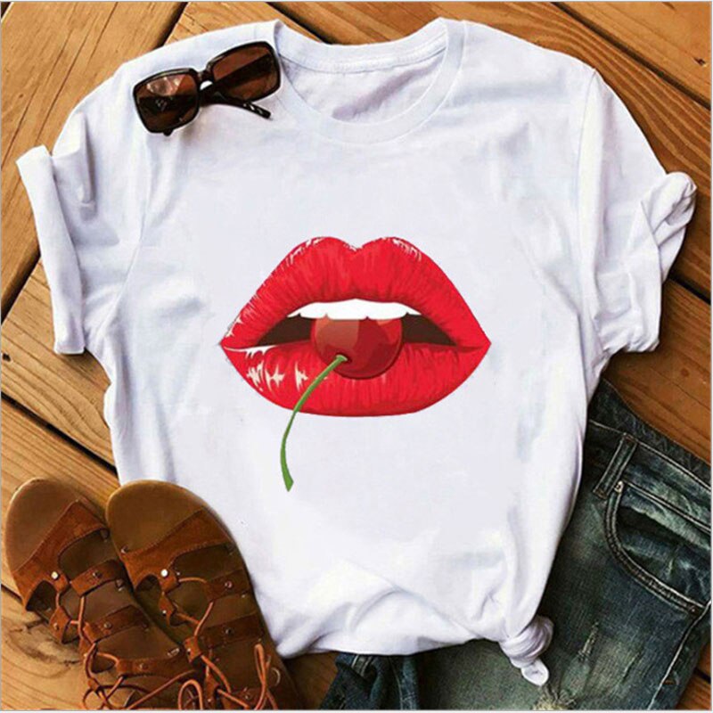 Women's shirt printed sexy T-shirt red lips round neck short-sleeved T-shirt women's T-shirt Rebel white T-shirt bullet in mouth, red lips, blood lips, sexy lips.