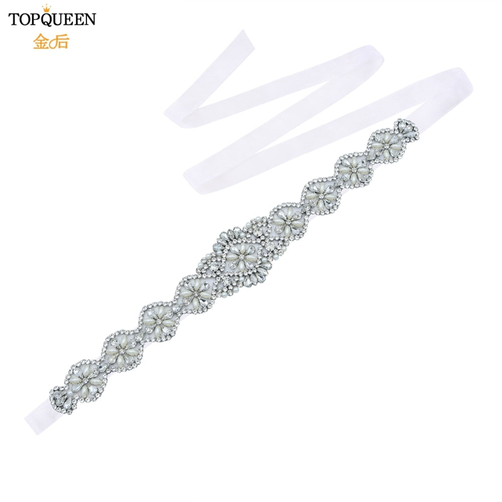 TOPQUEEN S161 Bridal Belts Bling Wedding Women Jewelry Silver Rhinestone Pearl Crystal Sparkly Party Formal Dress Diamond Sash