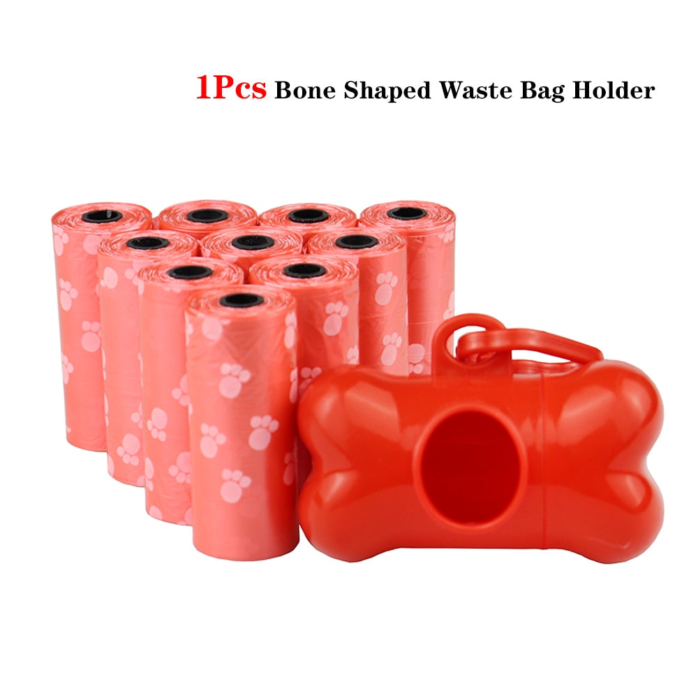 Pet Poop Bags Disposable Dog Waste Bags, Bulk Poop Bags with Leash Clip and Bone Bag Dispenser 5Roll(75Pcs) Bags with Paw Prints