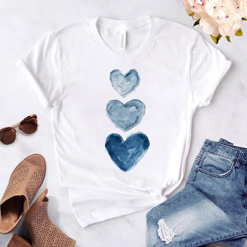 Heart Flower Print Womens T-Shirt Ladies Casual Basis O-Collar White Shirt Short Sleeve Ladies T-Shirt Love Graphic Printing