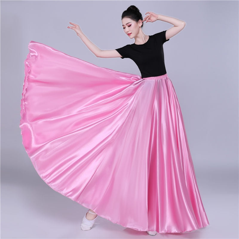 360 Degree Satin Skirt Belly Dance Women Gypsy Long Skirts Dancer Practice Wear 15 Colors Assorted Solid Purple Gold Dance Skirt