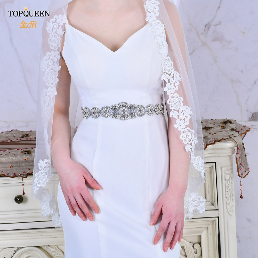 TOPQUEEN S161 Bridal Belts Bling Wedding Women Jewelry Silver Rhinestone Pearl Crystal Sparkly Party Formal Dress Diamond Sash