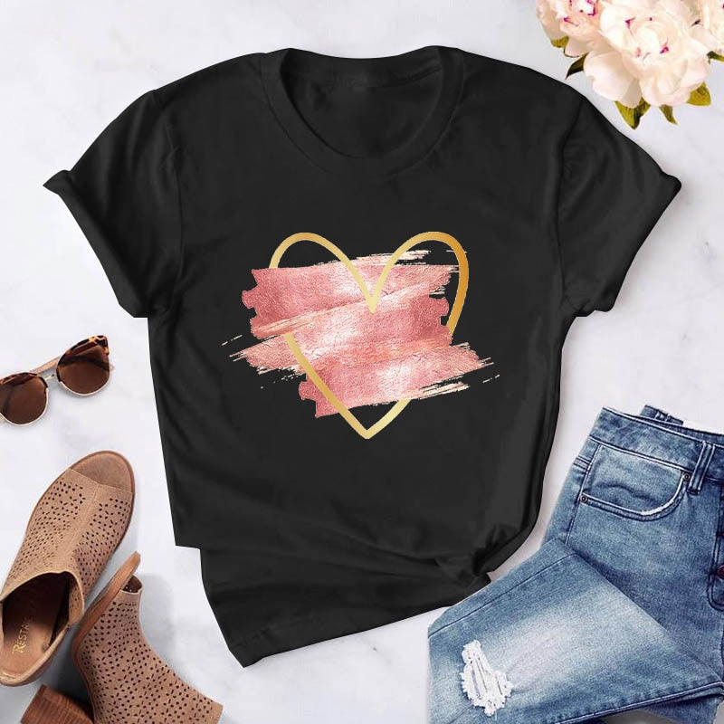 Heart Flower Print Womens T-Shirt Ladies Casual Basis O-Collar White Shirt Short Sleeve Ladies T-Shirt Love Graphic Printing