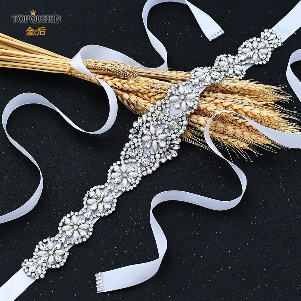 TOPQUEEN S161 Bridal Belts Bling Wedding Women Jewelry Silver Rhinestone Pearl Crystal Sparkly Party Formal Dress Diamond Sash